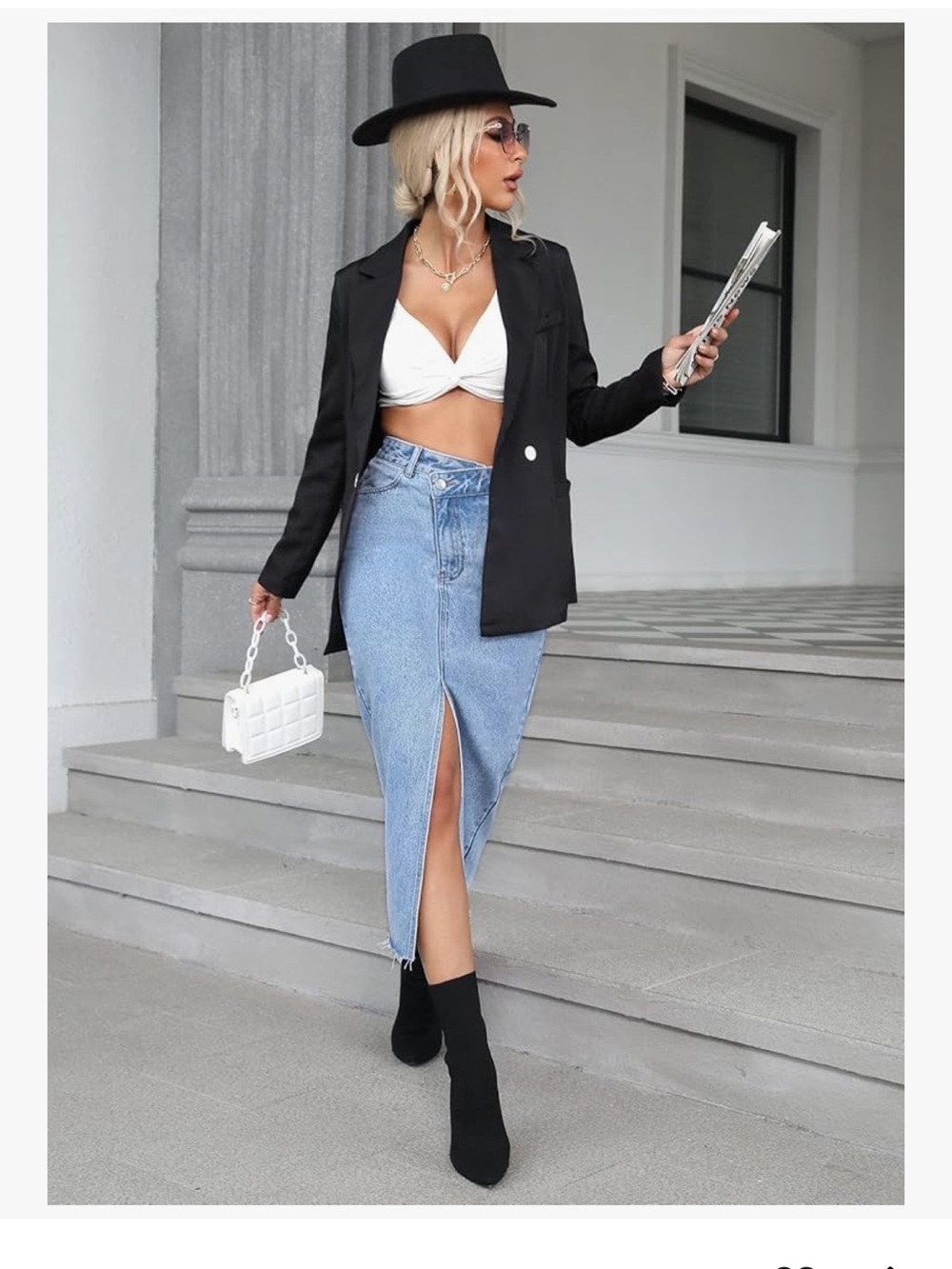 Mid-Rise Light Blue Denim Midi Skirt with Front Center Slit